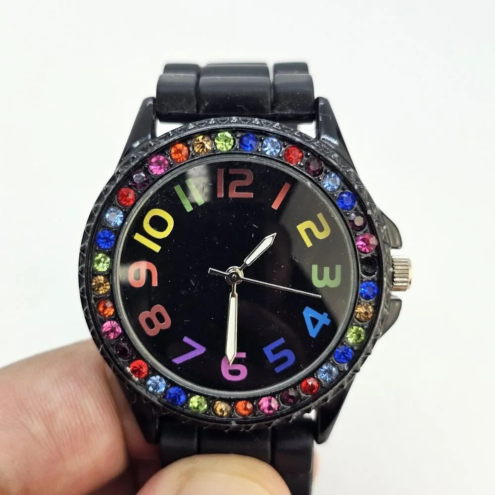38MM Watch Women Black Dial Multicolor Bezel Black Plastic Bands‎ New Battery